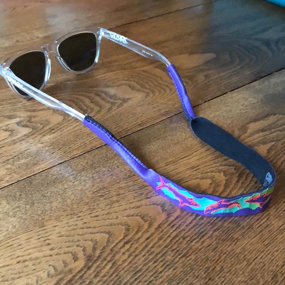 Croakies ~ Vintage 80’s neoprene Sunglasses strap ~ purple w neon sharks - Picture 3 of 8